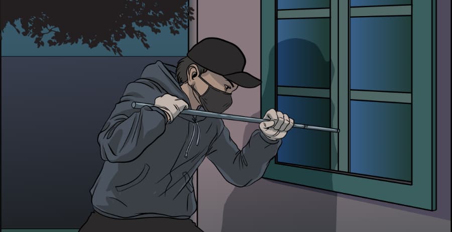Illustration of burglar forcing entry through a window in Appleton